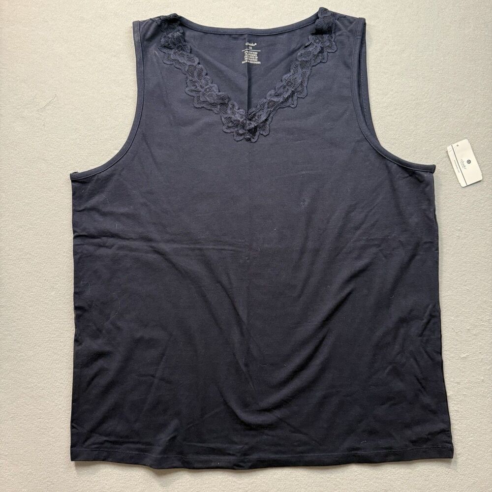 NWT CJ Banks Plus Size 1X Navy Blue Lace Trim V-Neck Tank Top Sleeveless Shirt